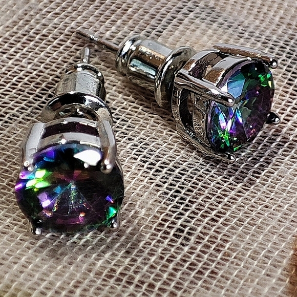 Mystic Topaz Purple Blue Green Rainbow Teardrop Pierced Silver Tone Earrings NEW - Picture 11 of 12